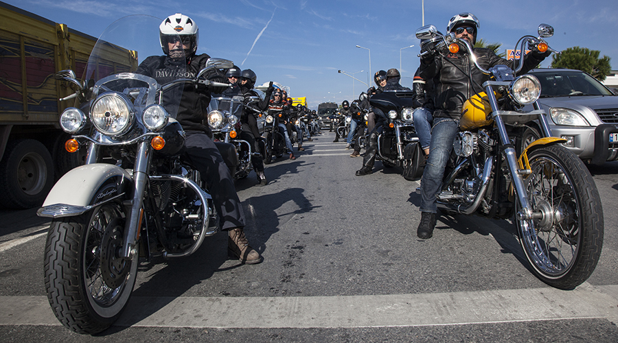 motorcyclists in a line
