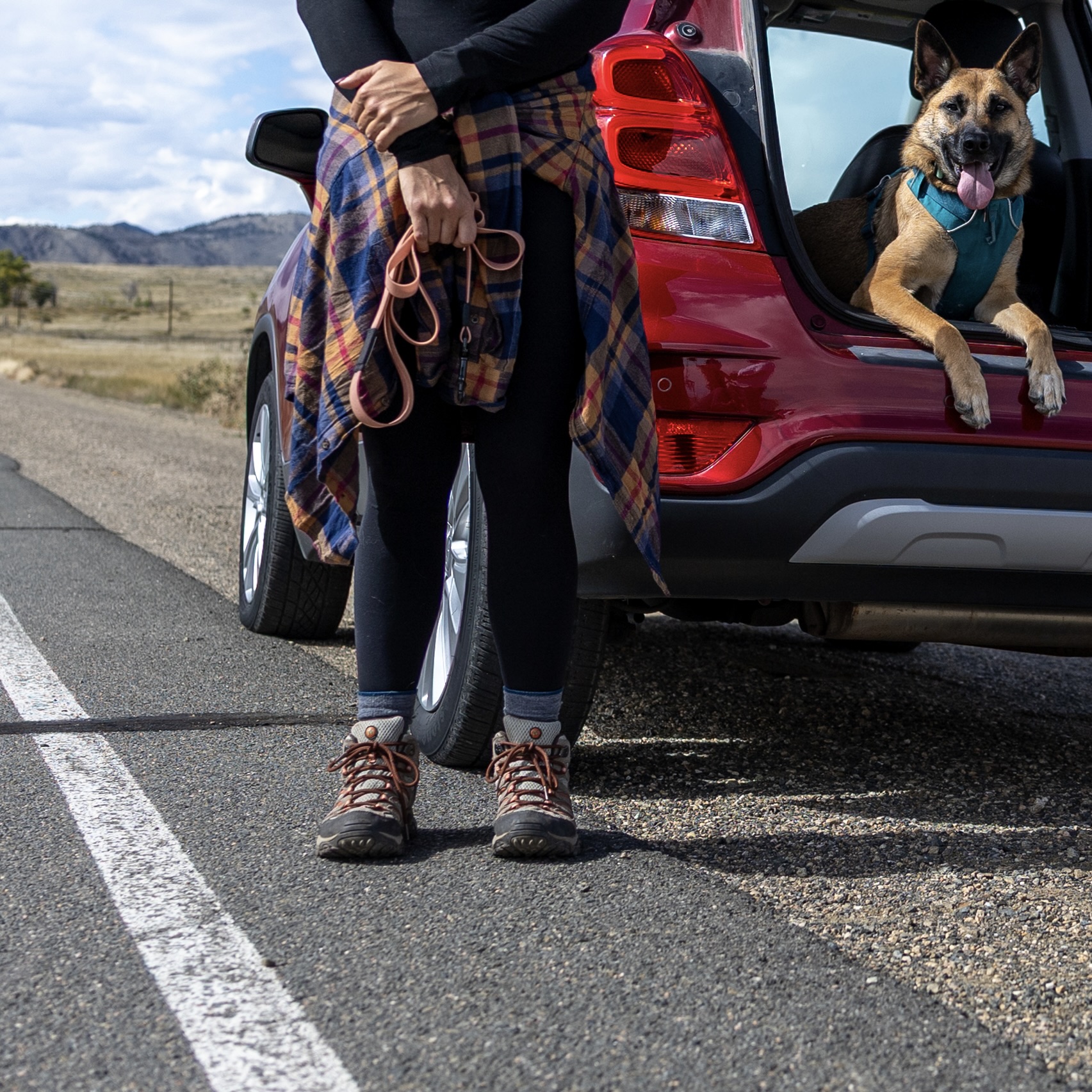 woman with dog standing next to white line on the roadway.