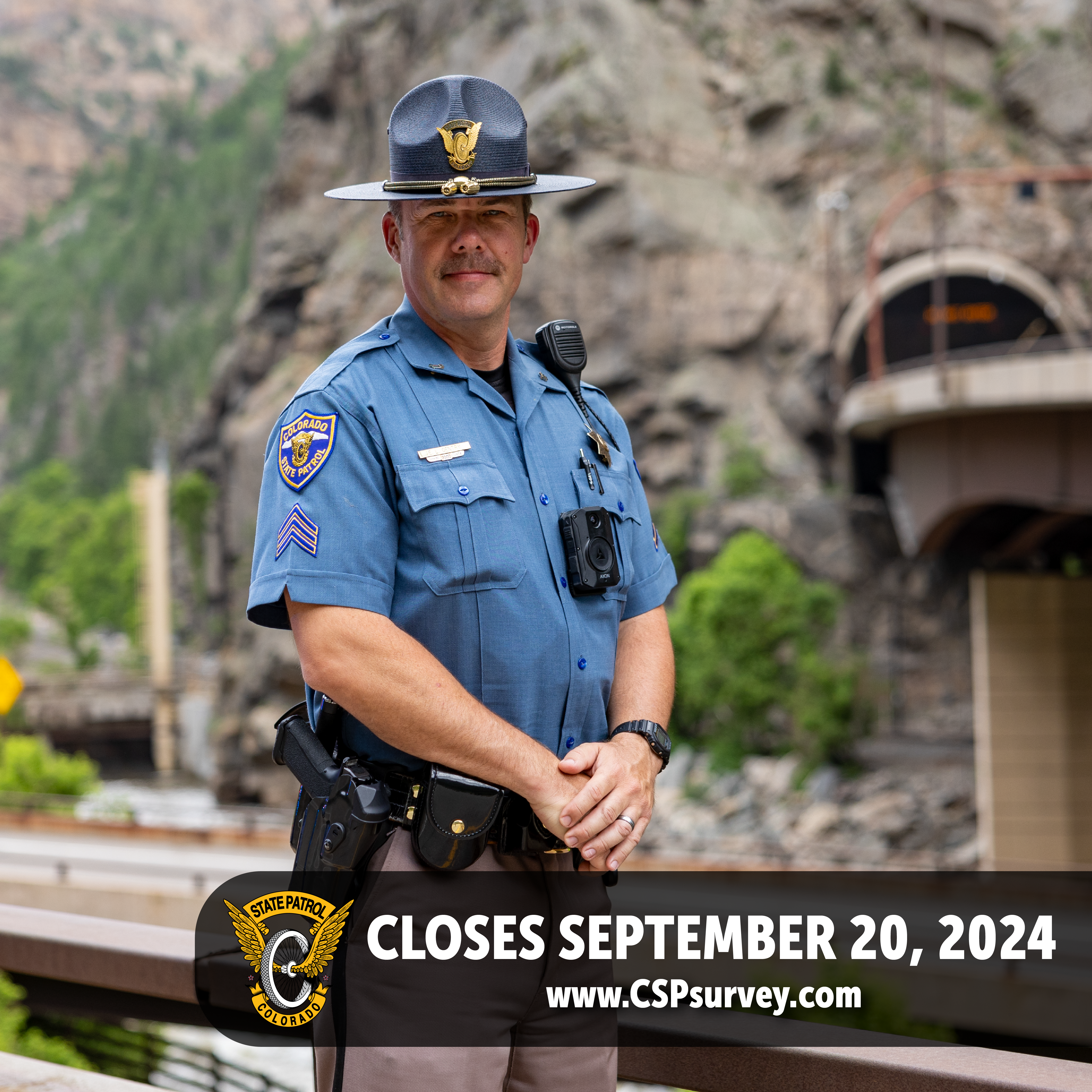 Text "Closes September 20, 2024, www.CSPsurvey.com" with Trooper standing in background and CSP flying wheel logo.